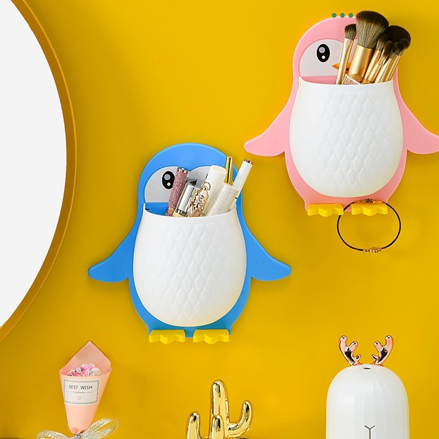 Toothbrush Holder, Plastic Wall Mounted Penguin Shape Storage Organizer for Bathroom with Self Adhesive Stick Multipurpose Wall Shelves (3)