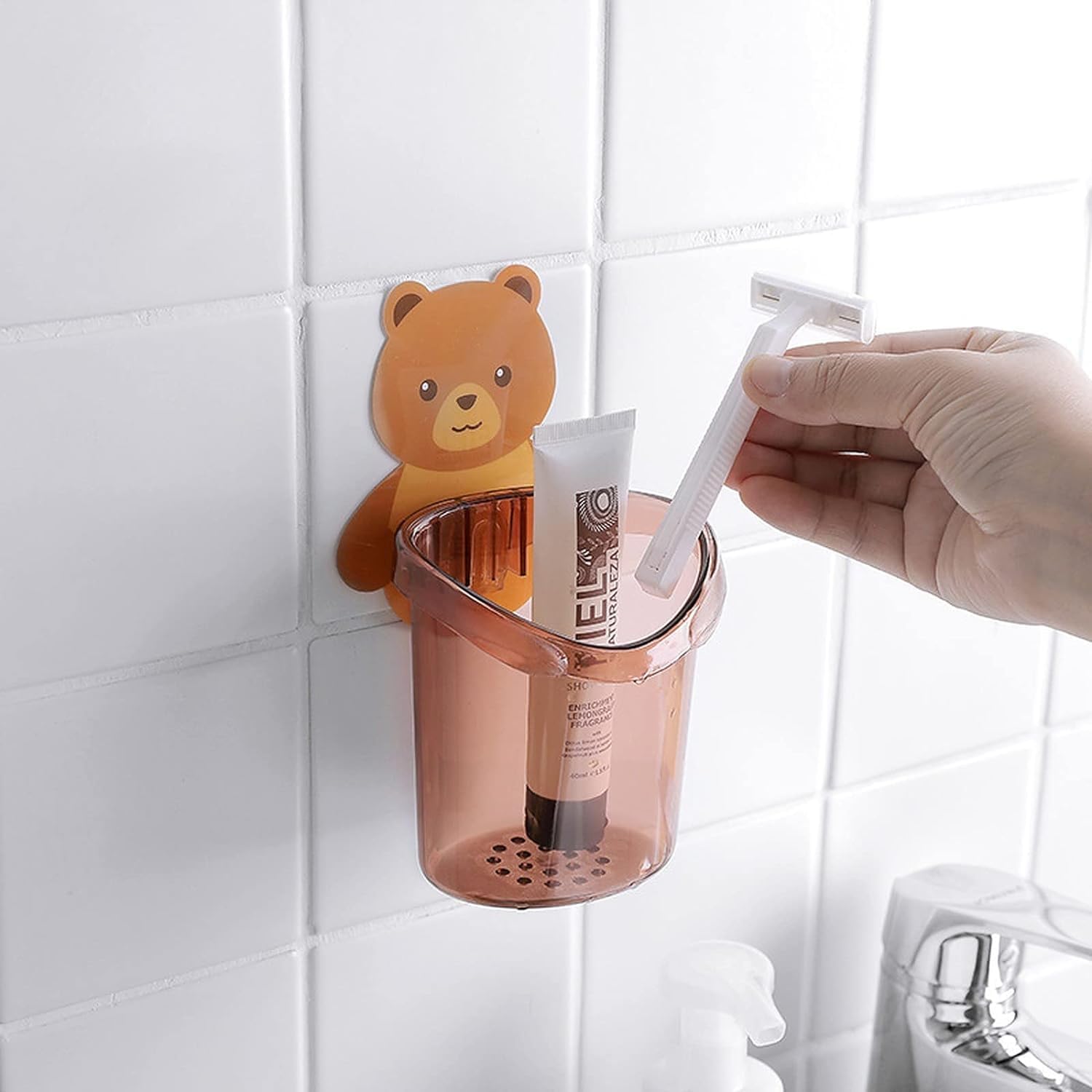 Toothbrush Holders for Bathroom Waterproof Self Adhesive Wall Mount for All Types Tooth Brush, Toothpaste, Face-Cream, Lotion, Comb Teddy Bear Shaped with water Drain Hole(3 Pcs, Multicolor)