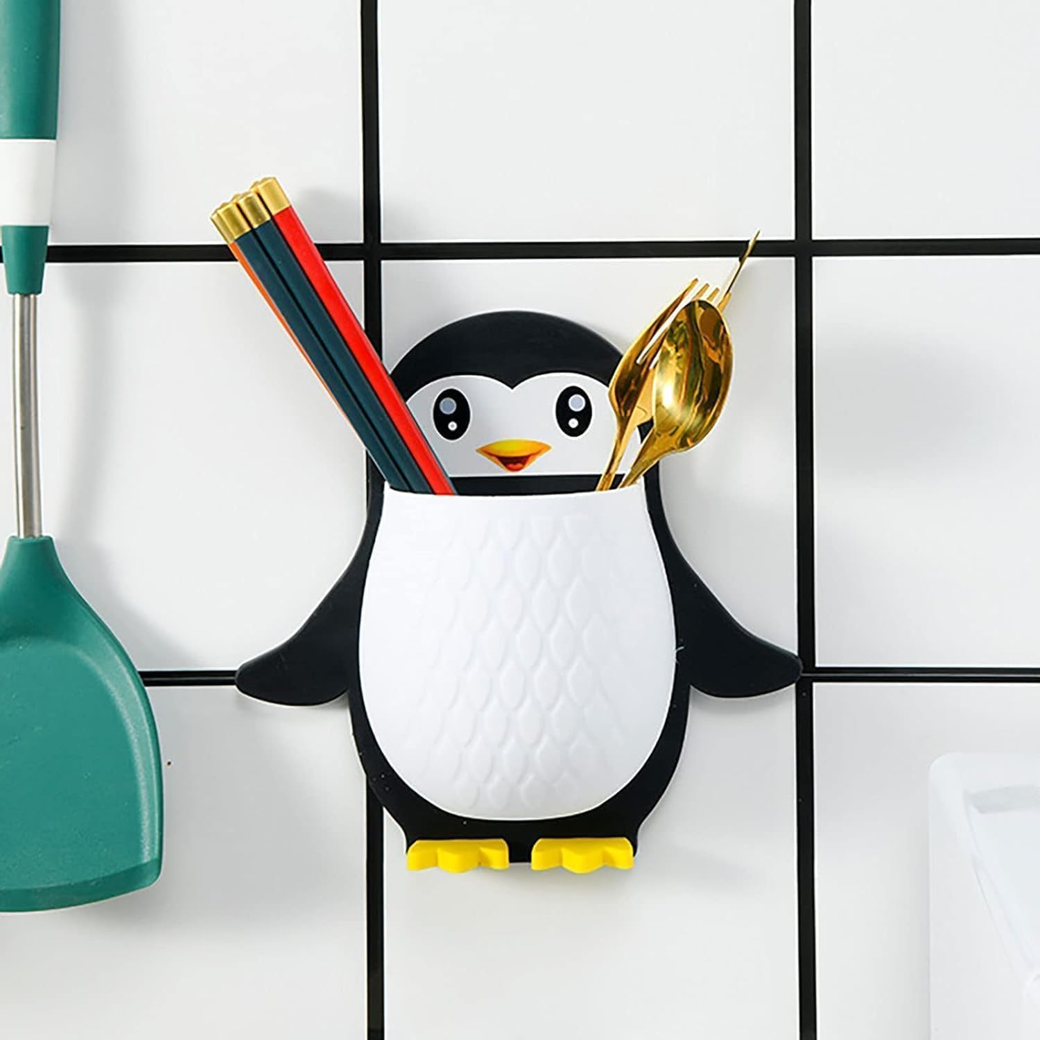 Toothbrush Holder, Plastic Wall Mounted Penguin Shape Storage Organizer for Bathroom with Self Adhesive Stick Multipurpose Wall Shelves (3)