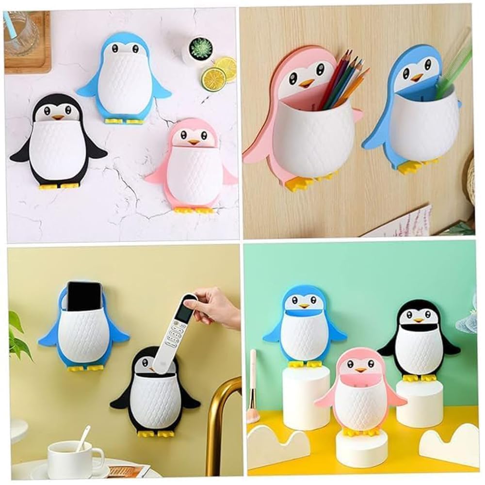 Toothbrush Holder, Plastic Wall Mounted Penguin Shape Storage Organizer for Bathroom with Self Adhesive Stick Multipurpose Wall Shelves (3)