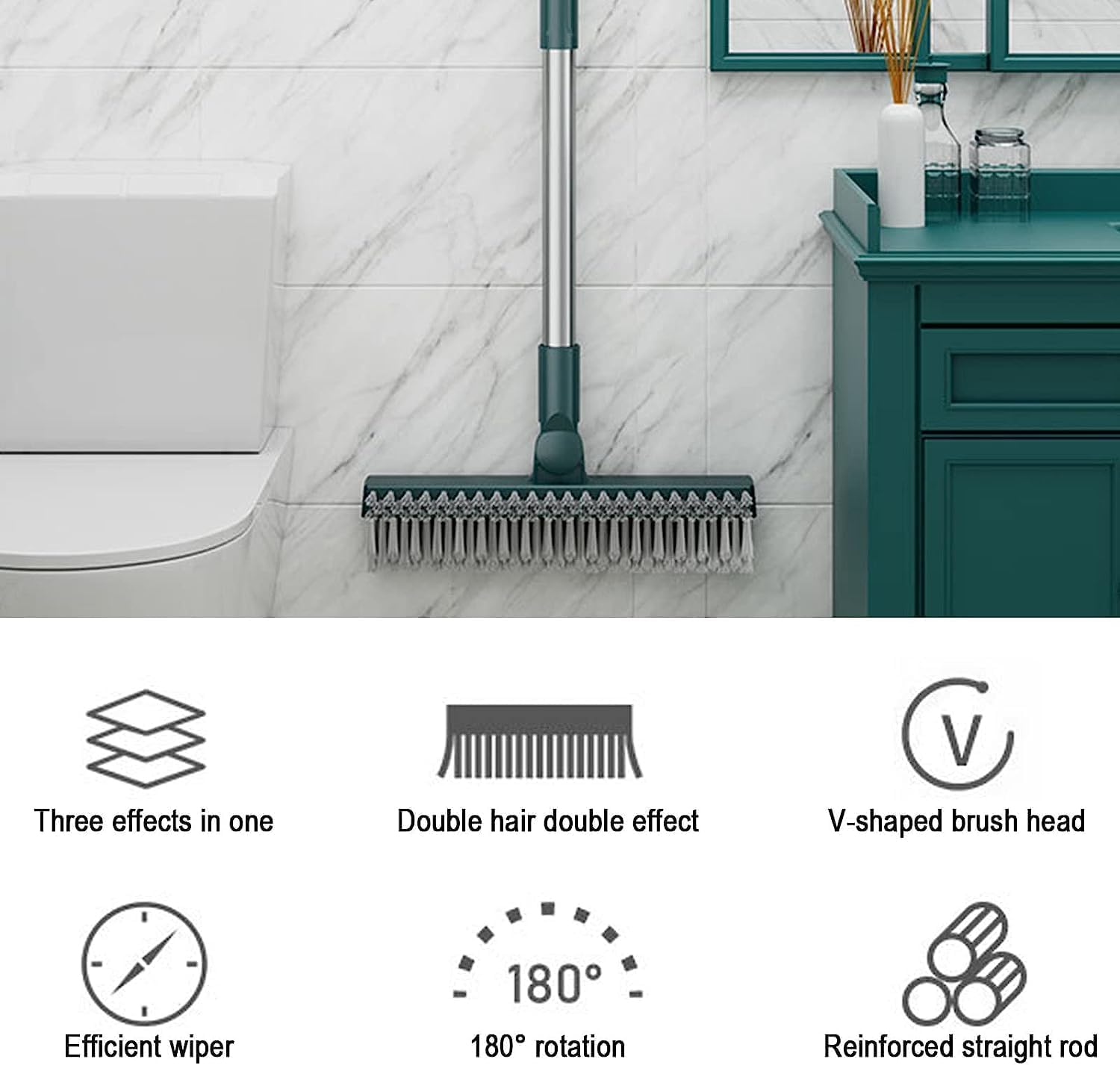 Rubber 3 in 1 Bathroom Cleaning Brush with Wiper Tiles Cleaning Bathroom Brush Floor Scrub Brush with Long Handle 120° Rotate Home Kitchen Bathroom Cleaning Brush