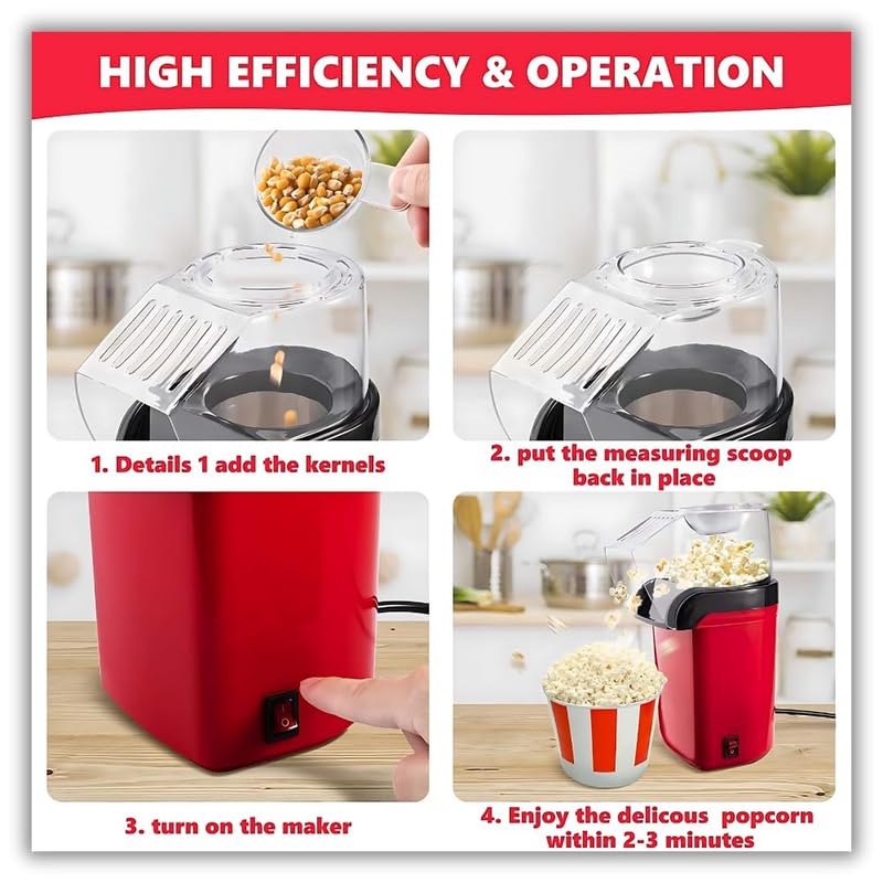 Hot Air Popper, Electric Popcorn Maker Machine with 1200W, No oil needed, Healthy and Delicious Snack for Kids, Adults,Great for Holding Parties in Home