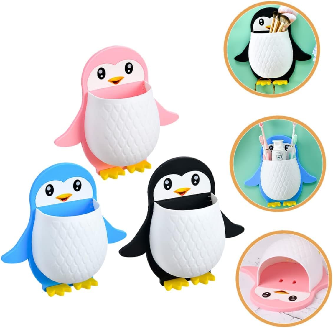 Toothbrush Holder, Plastic Wall Mounted Penguin Shape Storage Organizer for Bathroom with Self Adhesive Stick Multipurpose Wall Shelves (3)