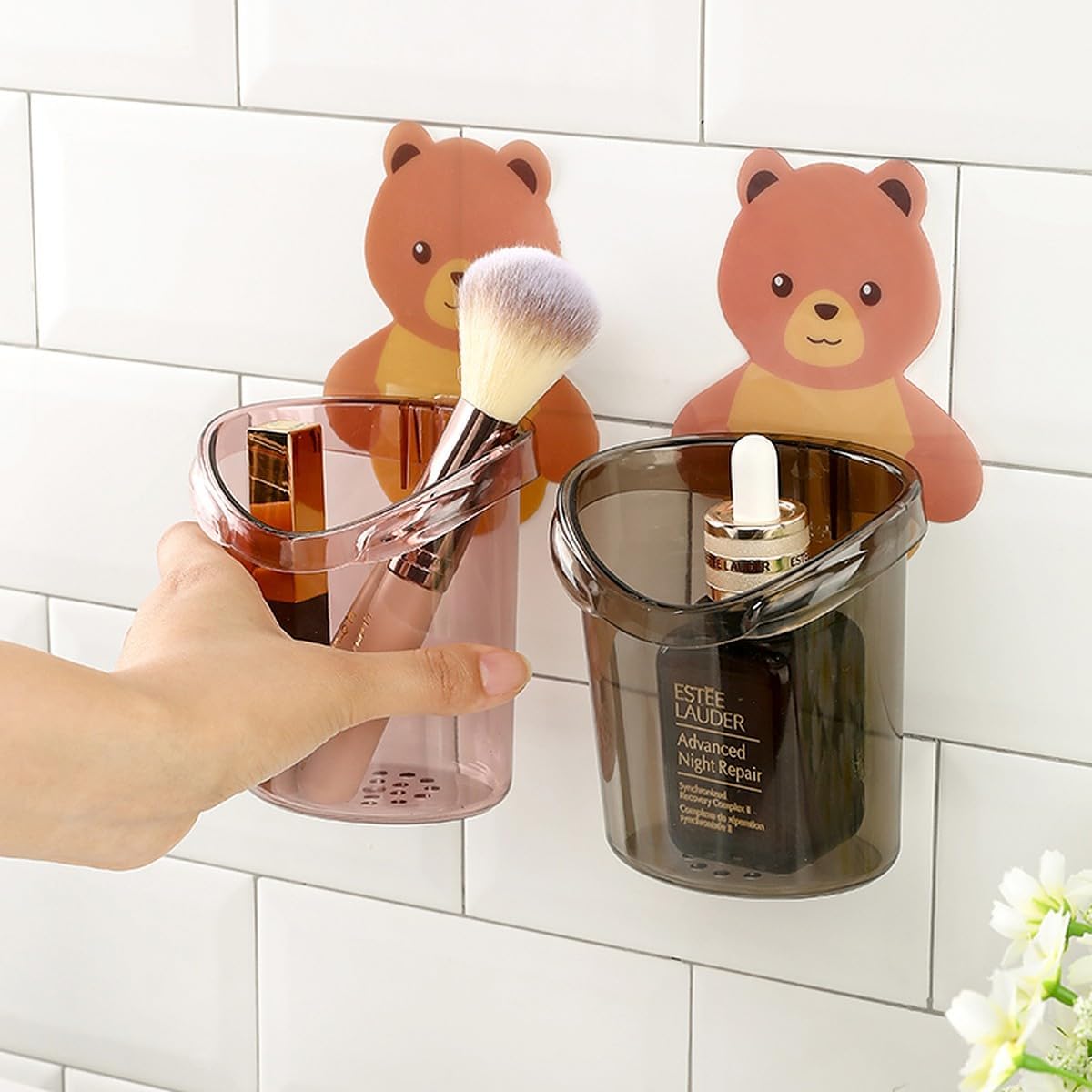 Toothbrush Holders for Bathroom Waterproof Self Adhesive Wall Mount for All Types Tooth Brush, Toothpaste, Face-Cream, Lotion, Comb Teddy Bear Shaped with water Drain Hole(3 Pcs, Multicolor)