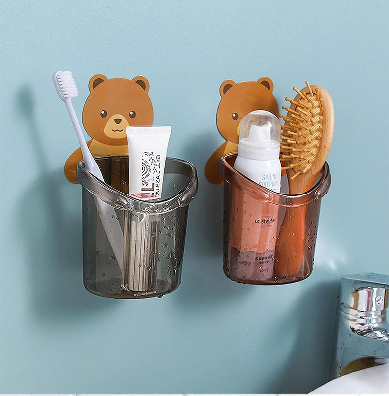 Toothbrush Holders for Bathroom Waterproof Self Adhesive Wall Mount for All Types Tooth Brush, Toothpaste, Face-Cream, Lotion, Comb Teddy Bear Shaped with water Drain Hole(3 Pcs, Multicolor)