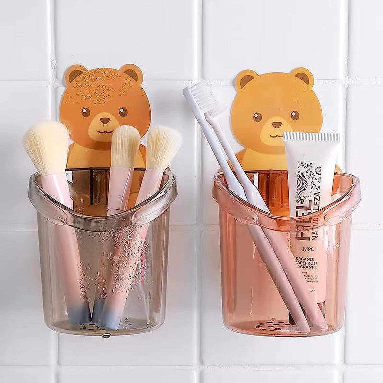 Toothbrush Holders for Bathroom Waterproof Self Adhesive Wall Mount for All Types Tooth Brush, Toothpaste, Face-Cream, Lotion, Comb Teddy Bear Shaped with water Drain Hole(3 Pcs, Multicolor)